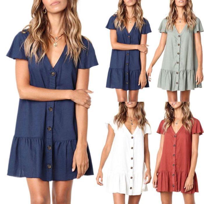Women Summer Short Sleeves Cotton Linen Mini Swing Dress Button Down V-Neck Solid Color Ruffle Hem Casual Loose Beach Sundress