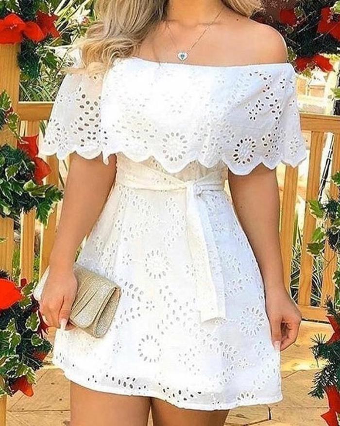 2021 Summer Solid Off Shoulder Broderie Lace Mini White Mini Dress Skinny Bodycon With Sashes Sexy