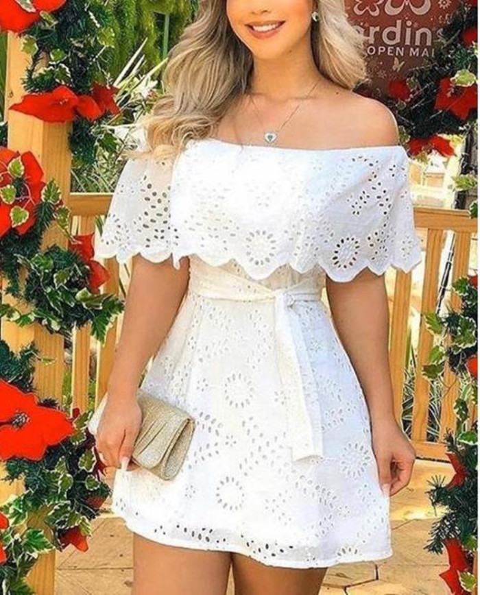 2021 Summer Solid Off Shoulder Broderie Lace Mini White Mini Dress Skinny Bodycon With Sashes Sexy