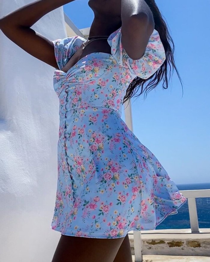 Floral Print Mini Dress Women Ruffles Puff Sleeve Buttons Square Collar Summer Dresses Off Shoulder A Line Boho Beach Dress