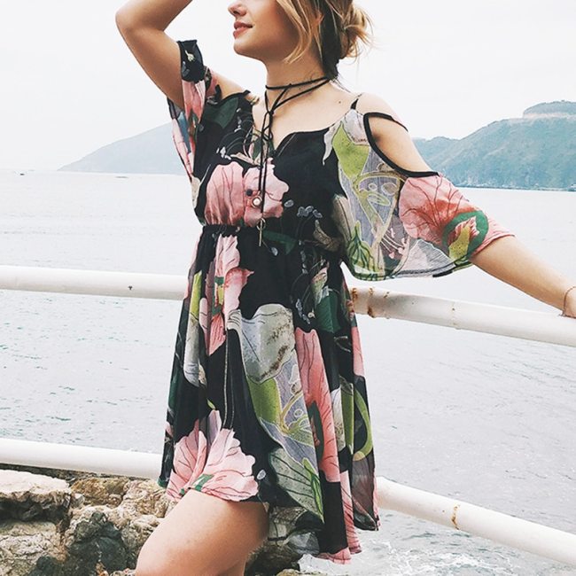 Summer Casual Chiffon Dresses Vintage Floral Women V Neck Dress Strap Sukienka Cold Shoulder Beach Wear Dress Sling Front Button