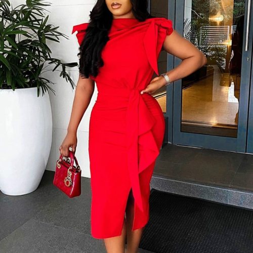 Women Red Dresses Bodycon Ruffles Short Sleeves Split Sexy Party Fashion Event Celebrate Vestidos New Female Clubwear 2021 Robes