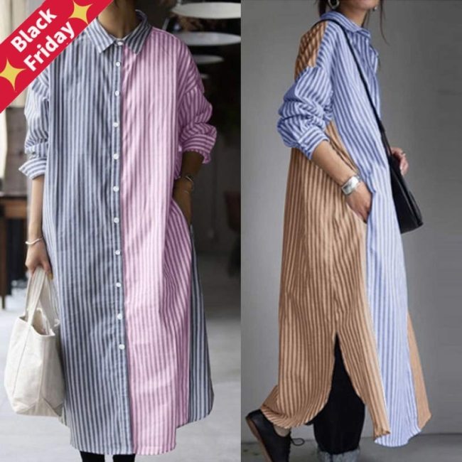 2021  Fashion Striped Shirt Dress Womens Patchwork Sundress Casual Long Sleeve Split Maxi Vestidos Female Button Robe 5XL