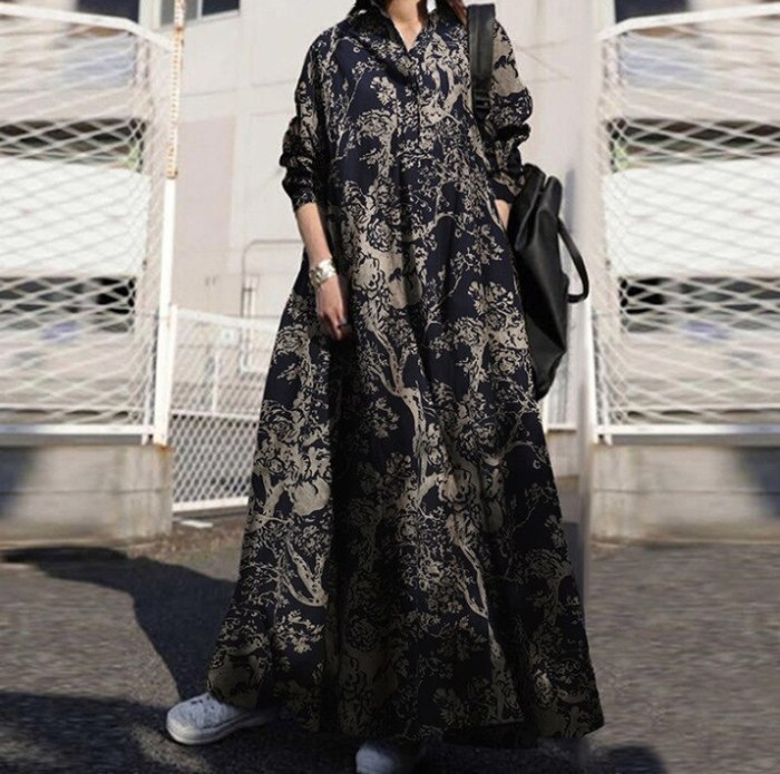 S-5XL Smocked Maxi Dress Women 2021 Fashion Long Sleeve Loose Sundress Kaftan Femme Plus Size House Dresses Vestido Robe