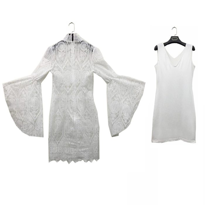 White Lace Dresses Bodycon with Long Flare Sleeves High Collar Slim Sexy Party Date Out See Through Event Celebrate Robes New
