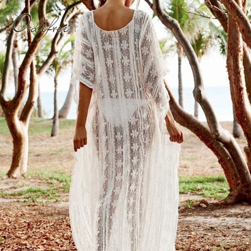 Ordifree 2021 Boho Summer Women Long Beach Dress Sexy Transparent Loose White Lace Maxi Dress