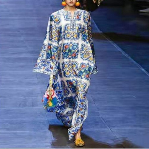 plus size dress Polyester blue floral print long sleeve autumn maxi dresses women beach tunic robe  boho loose vestidos