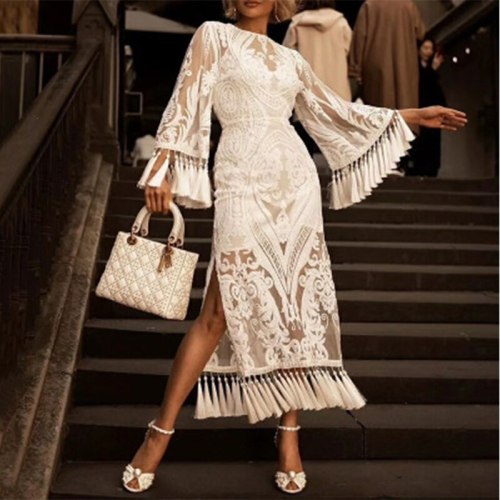 New woman white tassel dress flare sleeve o-neck elegant embroidery Split dresses for lady party holiday wear summer