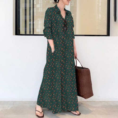 S-5XL Plus Size House Dress Women 2021 Fashion Floral Print Long Sleeve Casual Dress Pocets Loose Smocked Maxi Long Dresses