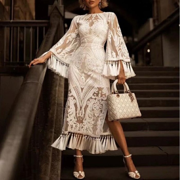 New woman white tassel dress flare sleeve o-neck elegant embroidery Split dresses for lady party holiday wear summer