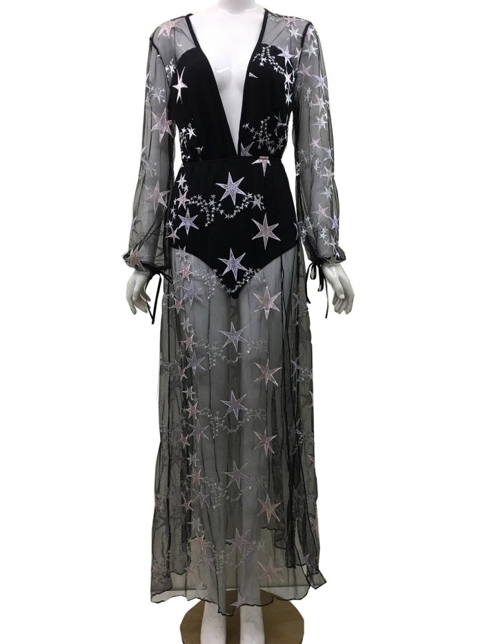2021 New Women Summer Dress Deep V-neck Long Sleeve Transparent Mesh Slit Long Dress Embroidery Stars Romper Dress Vestidos