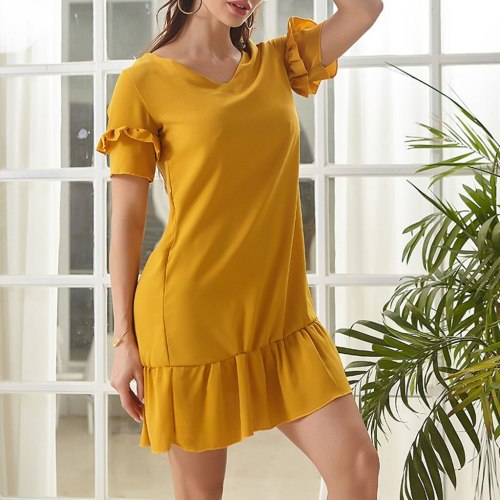 Ruffle Summer Dress 2021 Beach Sexy Mini Short Sleeve Loose Dress Casual Solid Yellow Plus Size Party Mini Dress Women#J30