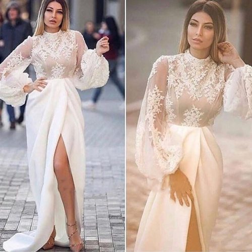 Slim Mermaid Prom Party Dress Long Slit Puff Sleeves High Neck White Elegant Evening Dresses Lace Appliques Split Formal Gowns