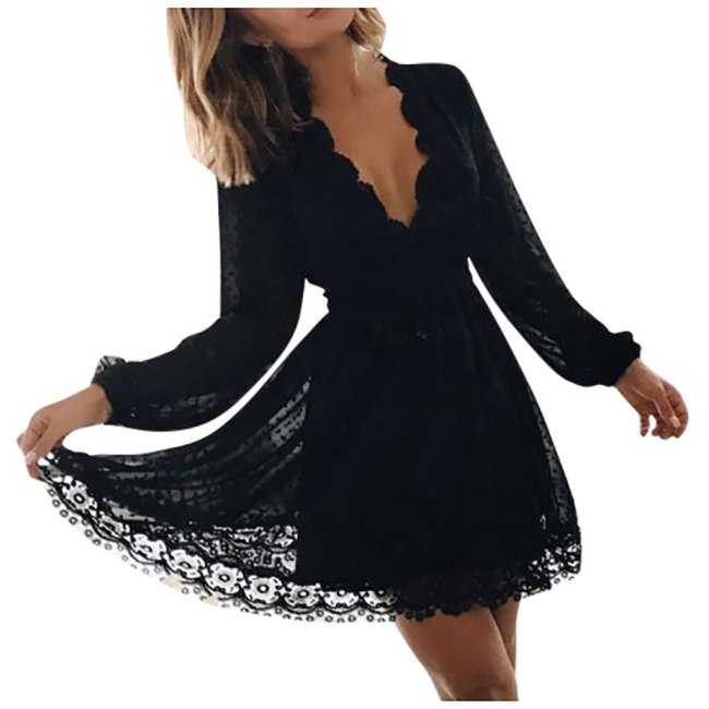 Sexy Elegant Lace Hollow Out Mini Dress Solid Color Deep V Neck Evening Party Dresses Long Sleeve A Line High Clubwear Vestidos