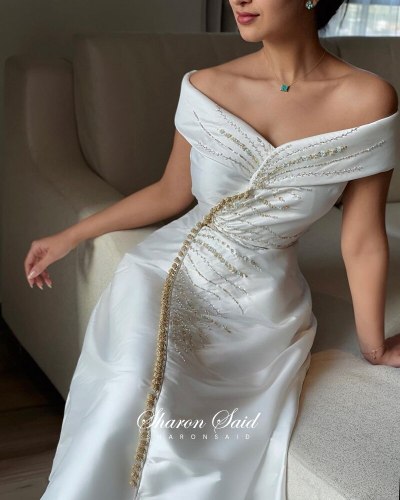 Arabic White Short Dubai Evening Dress 2021 Elegant Off Shoulder Tea Lenggth Midi Formal Party Dresses for Women Wedding Guest