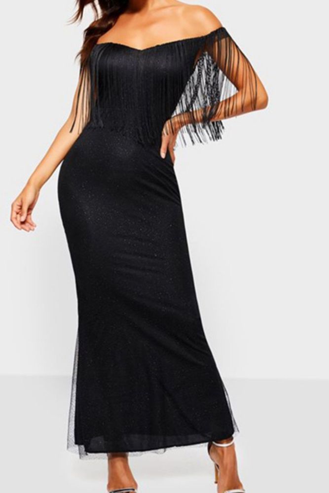 sexy black mermaid sequined tassel cape long off the shoulder boat neck  prom evening party dress 2019