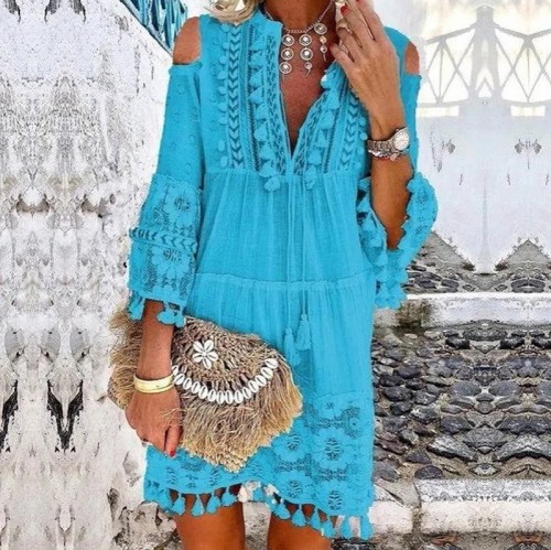 Bohemian Tassel Flare Sleeve Casual Vacation Mini Dress