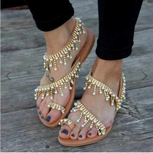 Fashion summer new Roman pearl flats sandals women fashion handmade beaded flat sandals women large size Women's shoes