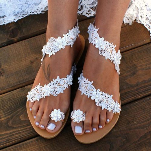 2021 Summer New Female Flat Sandals Fashion Lace Flower Open Toe Outdoor Women's Pearl Slip-on Flat Beach Roman Sandals Shoes