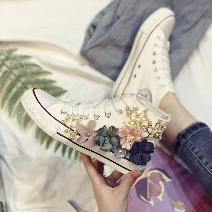 Summer High Top Women Sneakers Wedges Canvas Shoes Fashion Casual Shoes Woman Handmade Custom Pearl Flowers White Black Flats