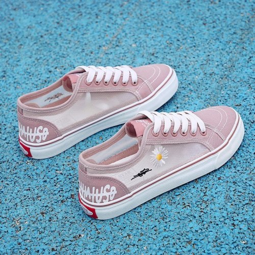 Spring and summer 2021 new breathable mesh canvas shoes flat bottomed hollow women's shoes versatile mesh shoes casual board sho
