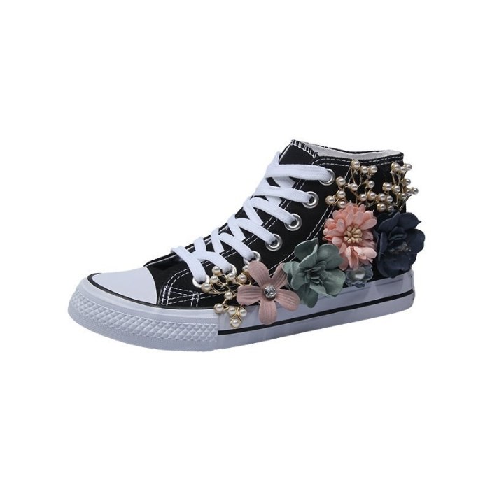 Summer High Top Women Sneakers Wedges Canvas Shoes Fashion Casual Shoes Woman Handmade Custom Pearl Flowers White Black Flats