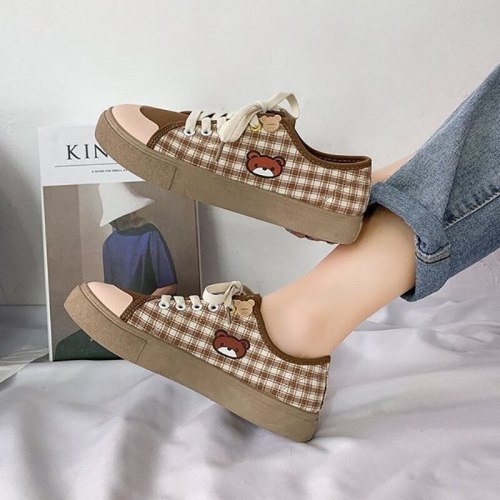 Cute Bear Plaid Canvas Shoes Women's New Casual Lace Up Running Sneakers Autumn Students Kawaii Brown Flat Low vulcanize shoes