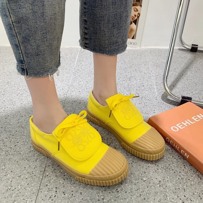 2021 New Spring Women Biscuit Shoes Net Red Embroidered Thick Sole Canvas Shoes Wild Casual Flat Bottom Shell Toe Board Shoes