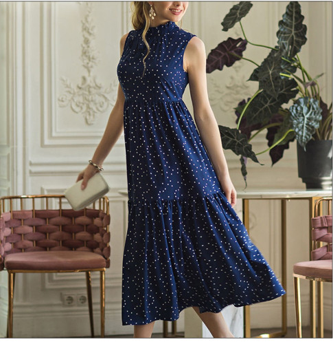 Women Dot Printing Sleeveless Casual Dress 2021 Hot Sale Summer Midi Vestidos Vintage Female A-Line Sundress