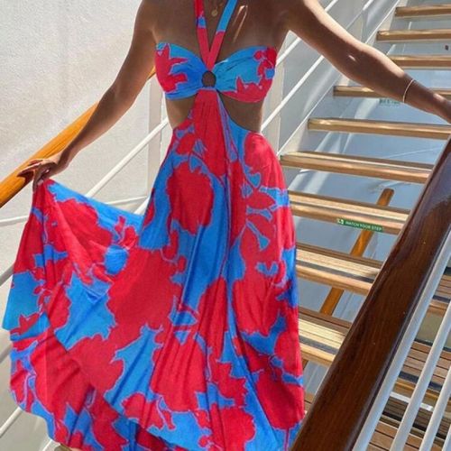 women fashion Hanging neck printing fit and flare dress beach style lady fashion long dress sexy night club party dress