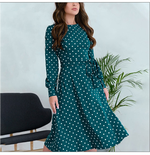 Green Dot Printing Women Sundress Elegant O-neck Long Sleeve Retro Vestidos Summer Fashion Casual Midi Dresses