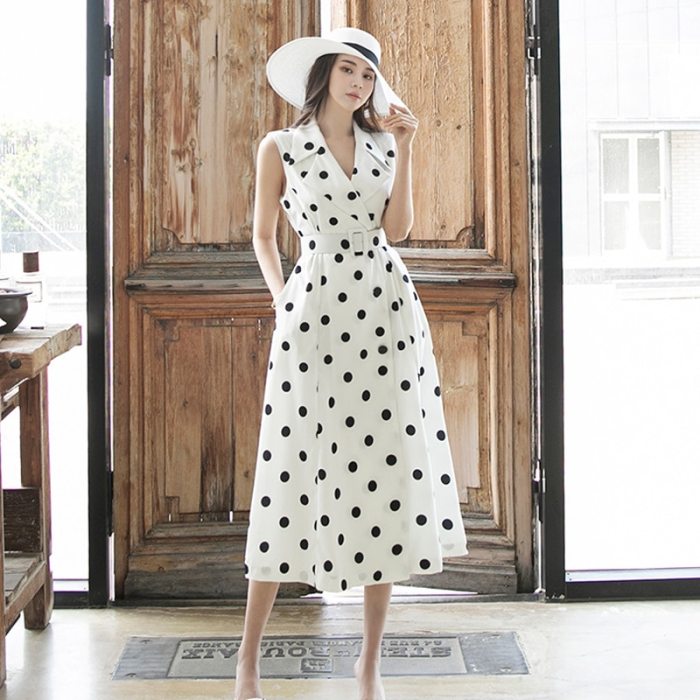 Women's Summer Sundresses Elegant Polka Dot Dress 2021 Korean Clothing Fashion Holiday Sleeveless Maxi Dress Femme Robe