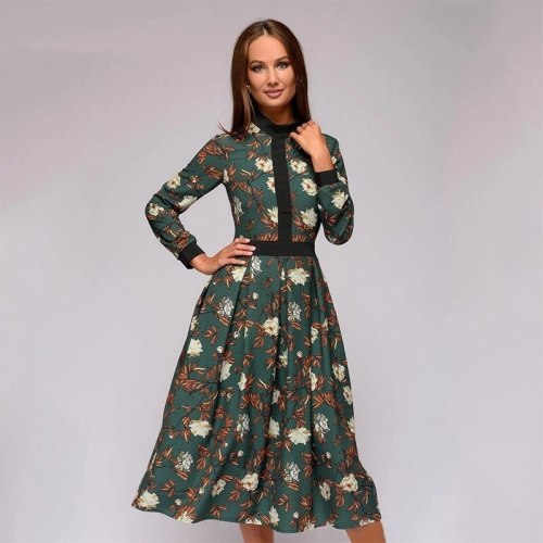 Patchwork Printing Women A-line Dress Vintage Style Vestidos for Female Casual Bottom Long Dress 2019 Summer Autumn