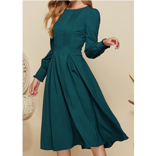 Autumn and winter new sexy round neck stitching button-shaped lantern long-sleeved women's dress