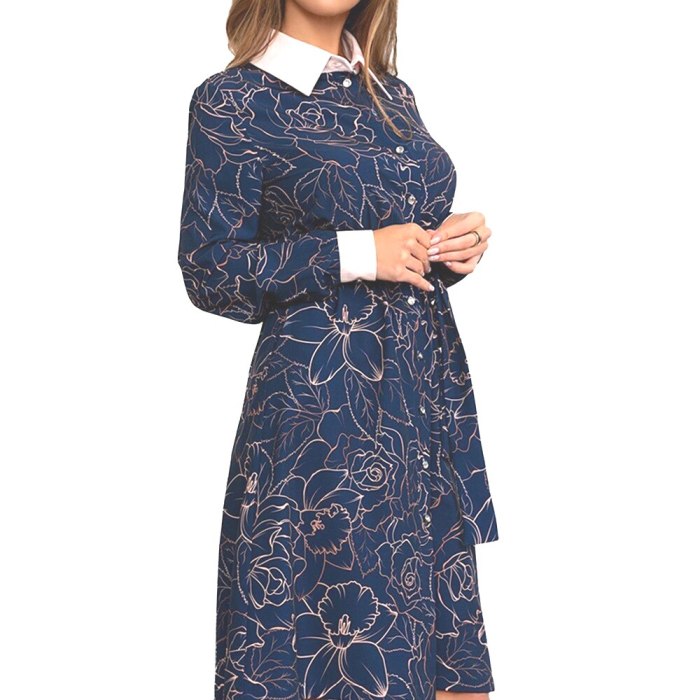 A-line Single Breasted Floral Dress Elegant Empire Turn-down Collar Ladies Frocks Casual Knee-length Full Sleeve Vintage Dress