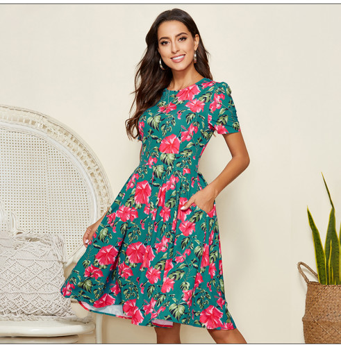 Women Flower Printed Casual Dress 2021 Summer Short Sleeve A-line Sundress Vintage Women Slim Party Vestidos De