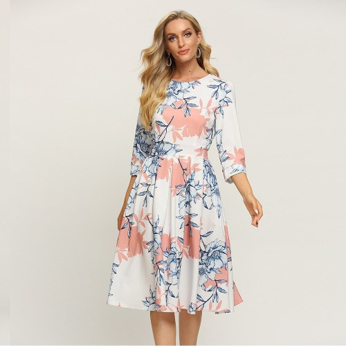 Streetwear Empire Folds Floral Dress Vintage Three Quarter Sleeve Ladies Frocks for Women Casual Mid-calf Plus Size Ruched Dress