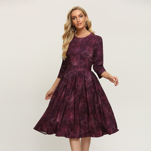 Modern Empire Pockets Floral Dress Vintage Three Quarter Sleeve Ladies Frocks for Women Casual Mid-calf Plus Size Ruched Dress