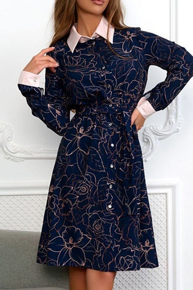 A-line Single Breasted Floral Dress Elegant Empire Turn-down Collar Ladies Frocks Casual Knee-length Full Sleeve Vintage Dress