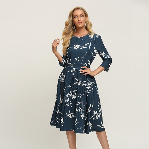 Modern Empire Floral Dress Vintage Three Quarter Sleeve Ladies Frocks for Women Casual Folds Mid-calf Plus Size Ruched Dress