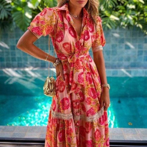 2021 Bohemian Floral Print Long Dress Women Vintage V Neck Short Sleeve Maxi Dress Summer Turn Collar Casual Beach Party Dresses