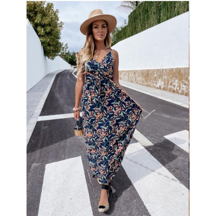 Women Floral Sling Dress Summer Sleeveless V-Neck Print Camisole Ladies Sundress New Fashion Outdoor Casual Female Dresses Beach
