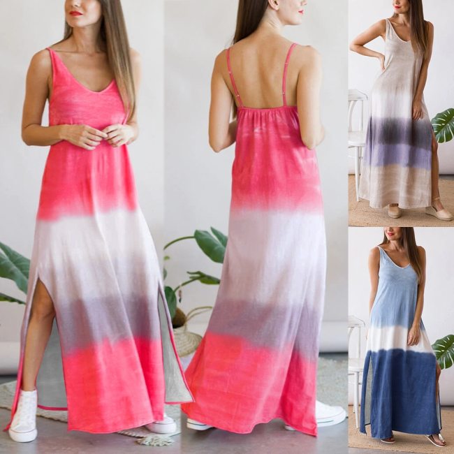 2021 Summer Sexy Split Long Dress Women Gradient Print Sleeveless Strap Backless Robe Maxi Holiday Casual Loose Beach Sundress
