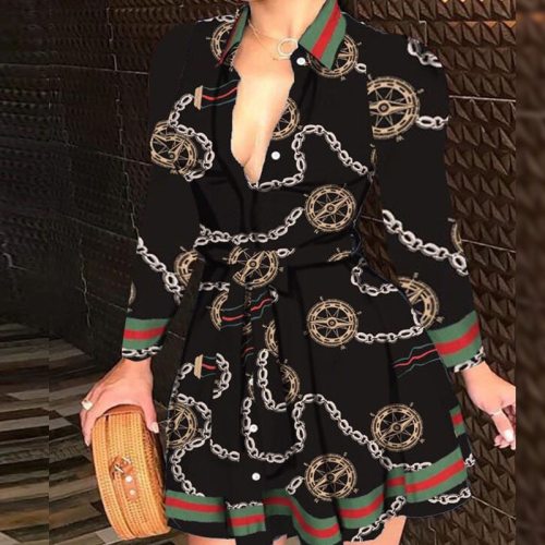 2021 Sexy Women Deep V-neck Mini Dress Spring Autumn Long Sleeve  Chain Print High Waist Party Dresses