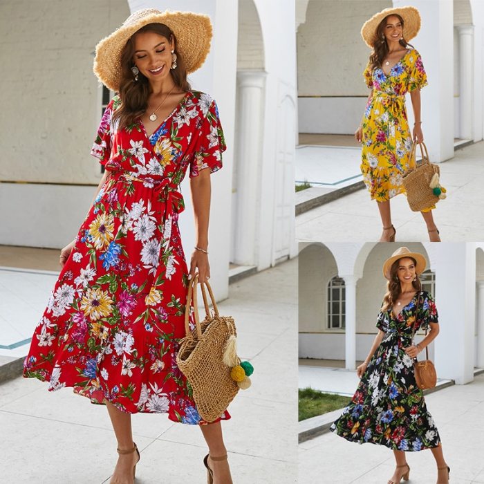 Boho Flower Print Summer Dress Ruffle V Neck Sashes Beach Long Ladies Dresses  Yellow Sundress Fashion Grace Women Clothes 2021