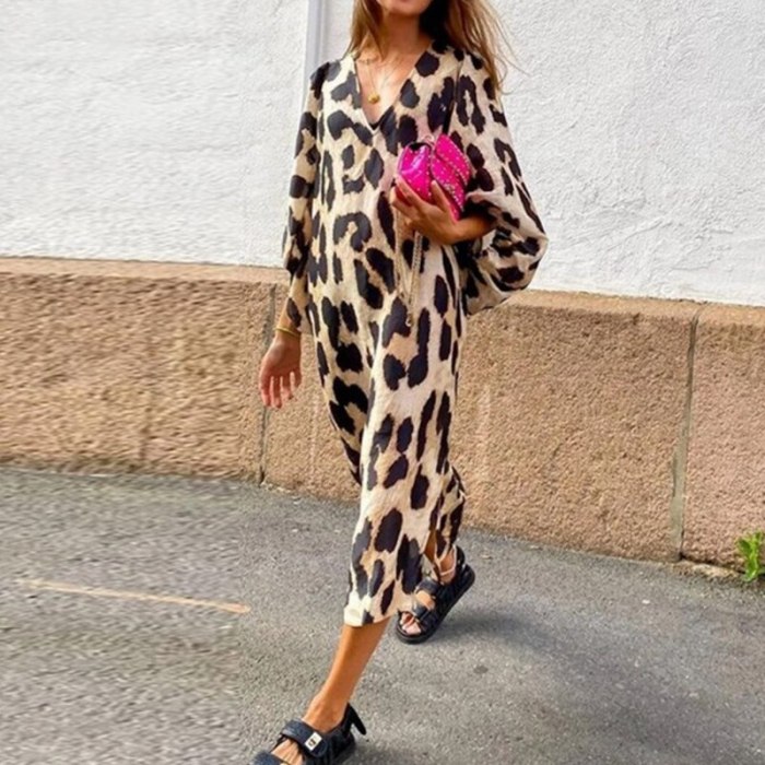 Leopard Dress Women Summer New Print V-Neck Lantern Sleeve Mid-Calf Loose Casual Womens Streetwear Lugentolo