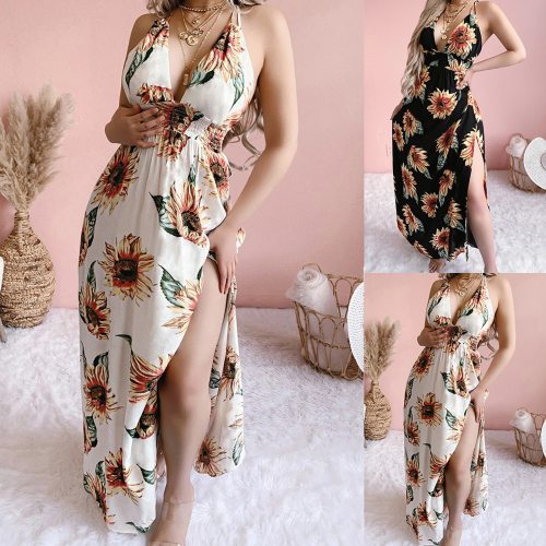 Women's Sling Floral Long Dresses arrival Summer Boho V-Neck Sleeveless Party Beach Floarl Print Maxi Dress Casual Sundress
