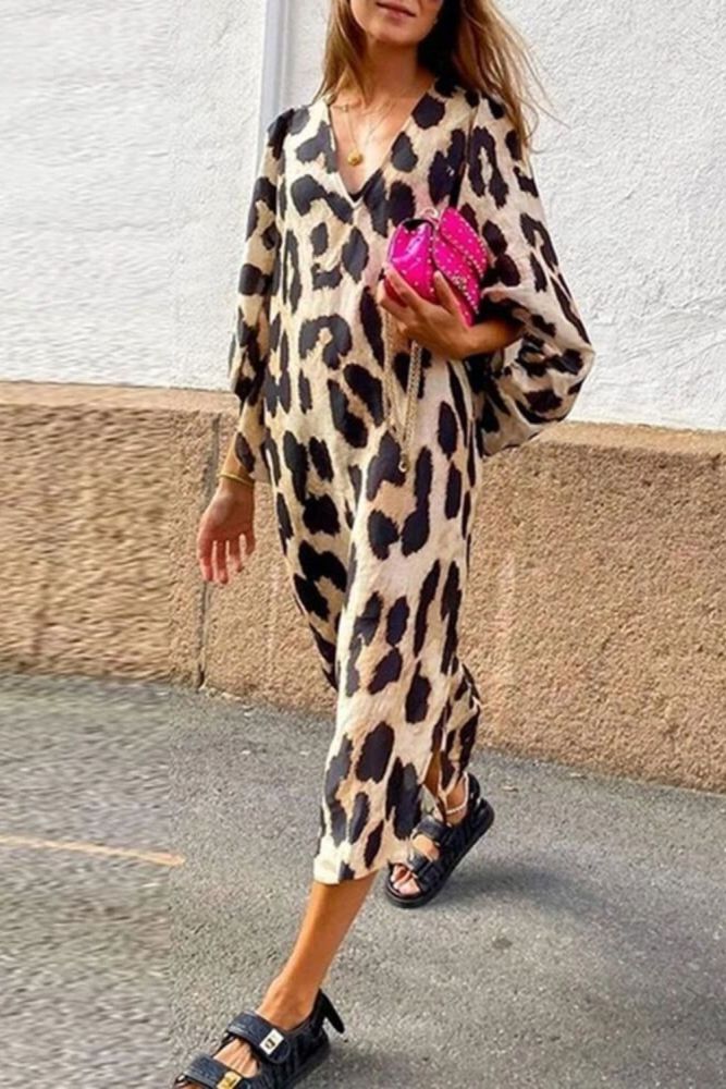 Leopard Dress Women Summer New Print V-Neck Lantern Sleeve Mid-Calf Loose Casual Womens Streetwear Lugentolo
