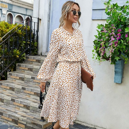2021 New Ladies Spring Autumn Winter Simple Dot Print Dress Women Fashion Lace Up Button Stand Collar Full Sleeve Dress Female