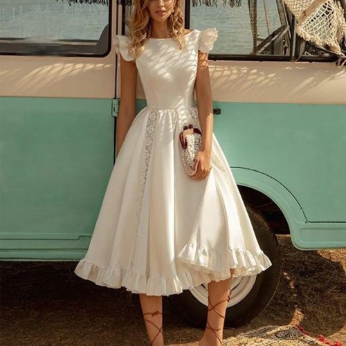 2021 Short Sleeve Lace Patchwork Pleated Ruffles Tutu Dress Sexy Wedding Party Dress New Fashion Women White Long Dress